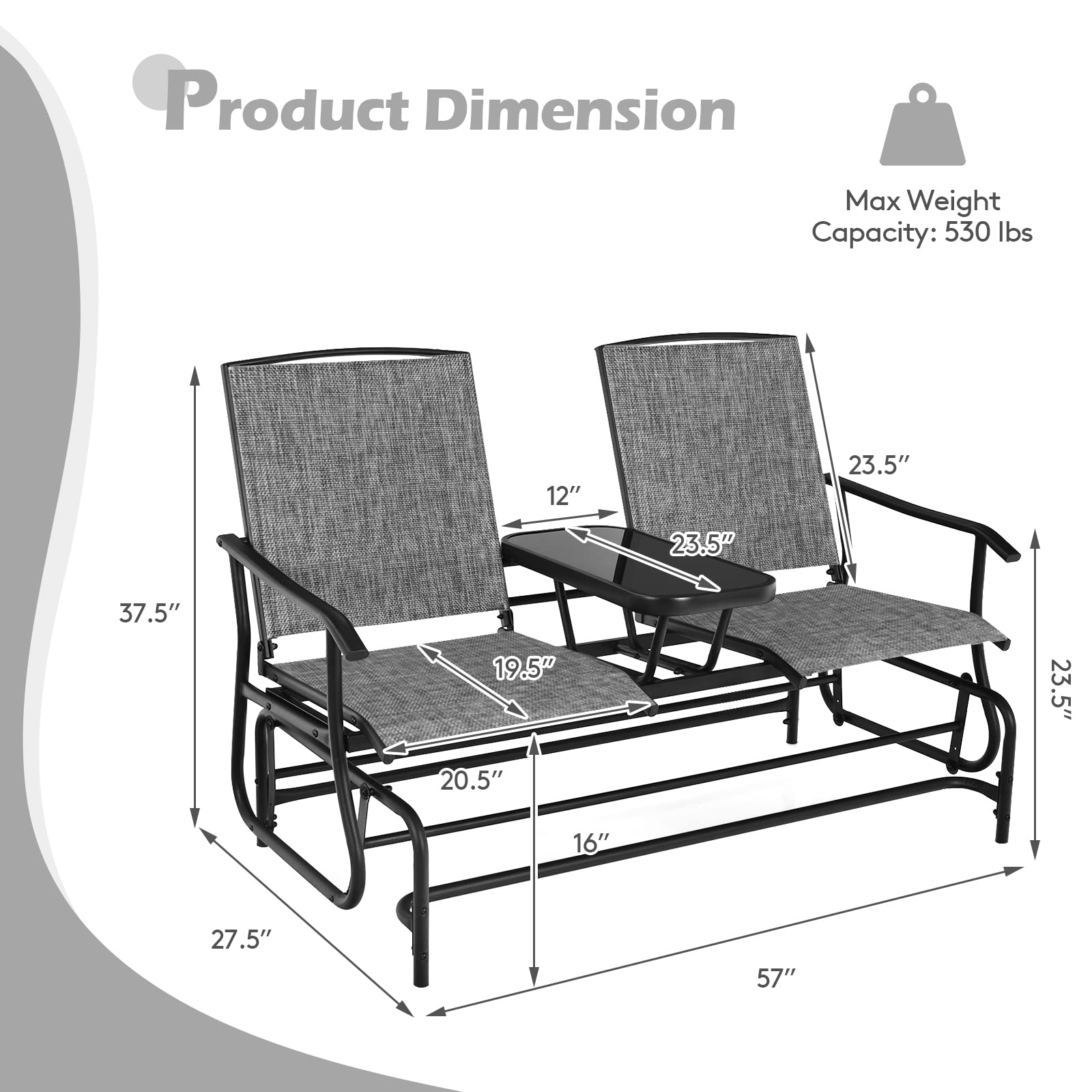 FANTASK 2 Person Outdoor Glider Bench w/Tempered Glass Table, Swing Patio Glider Chair with Steel Frame & Breathable Seat, Double Rocking Chair for Porch, Poolside, Patio, Garden (Grey)