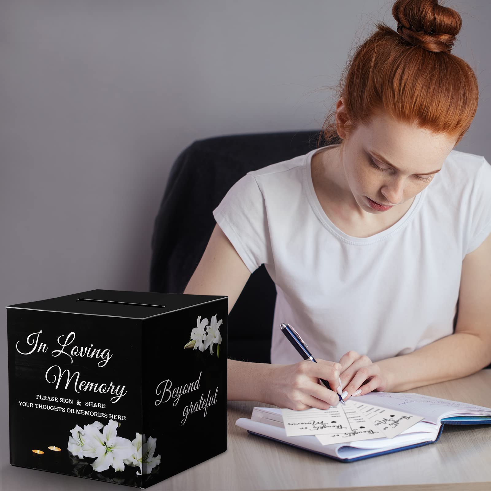 Fainne 50 Pcs Lily Share a Memory Cards with Celebration of Life Box Funeral Advice Cards Thank You Sympathy Holder Box Decor for Guest Funerals Memorial Service Farewell Remembrance Party Supplies