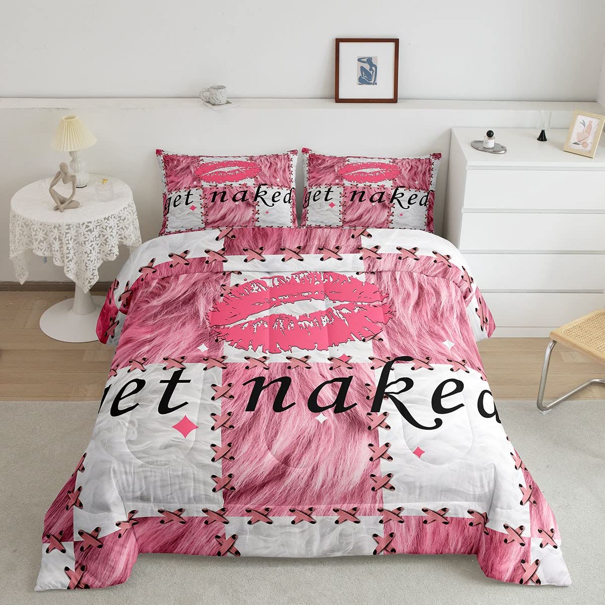 Feelyou Cuw Fur Kids Comforter Set Get Naked Bedding Set for Boys Teens Decor Kiss Printed Comforter Pink Cowgirl Plaid Grid Duvet Set 2Pcs Twin Size Boys