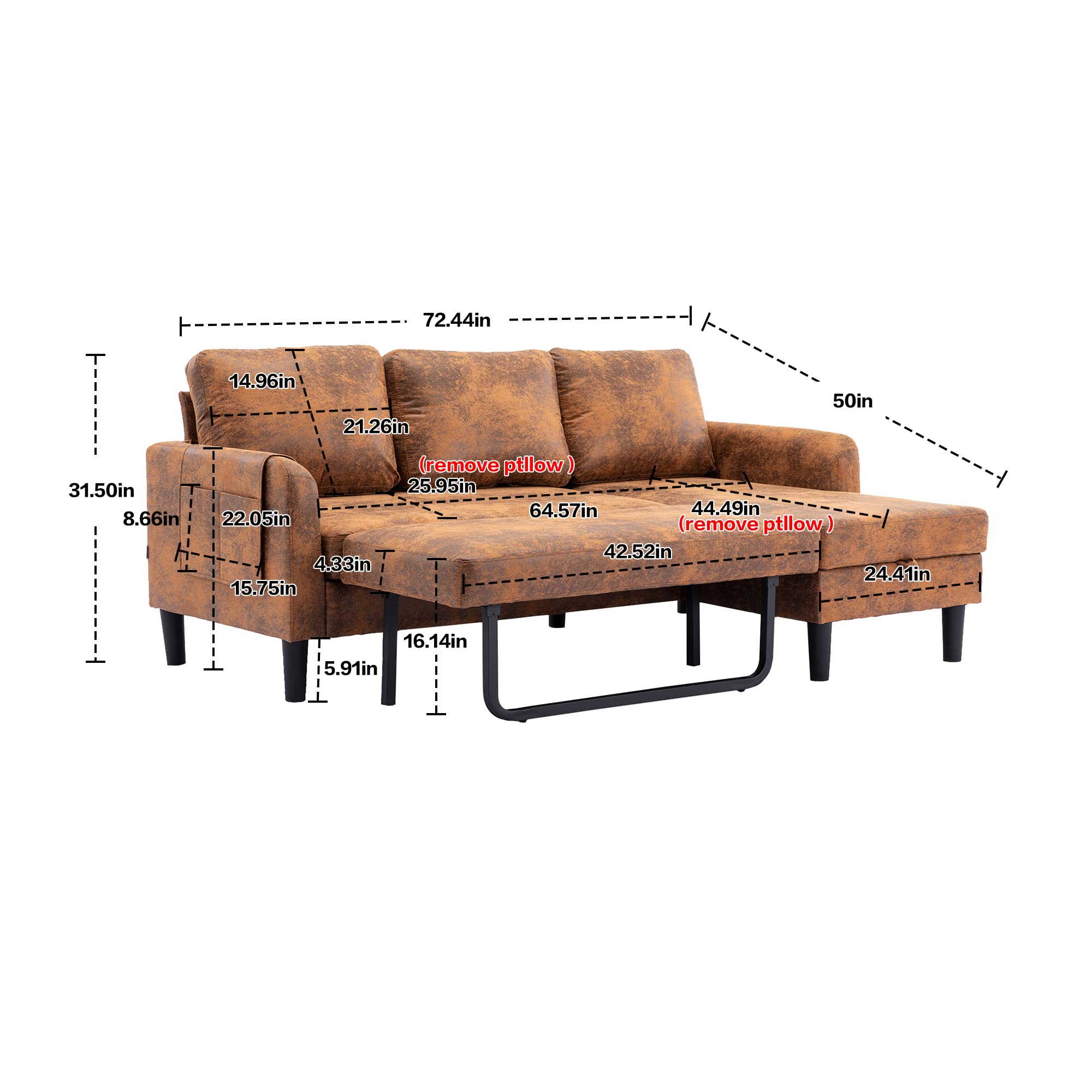 PEIHONGET Sectional Sleeper Sofa with Pull Out Bed, 3-Seater Sofa Couch with Storage Modern L-Shaped Sofa Bed with Chaise Lounge for Small Spaces, Living Room (Coffee Polyester)