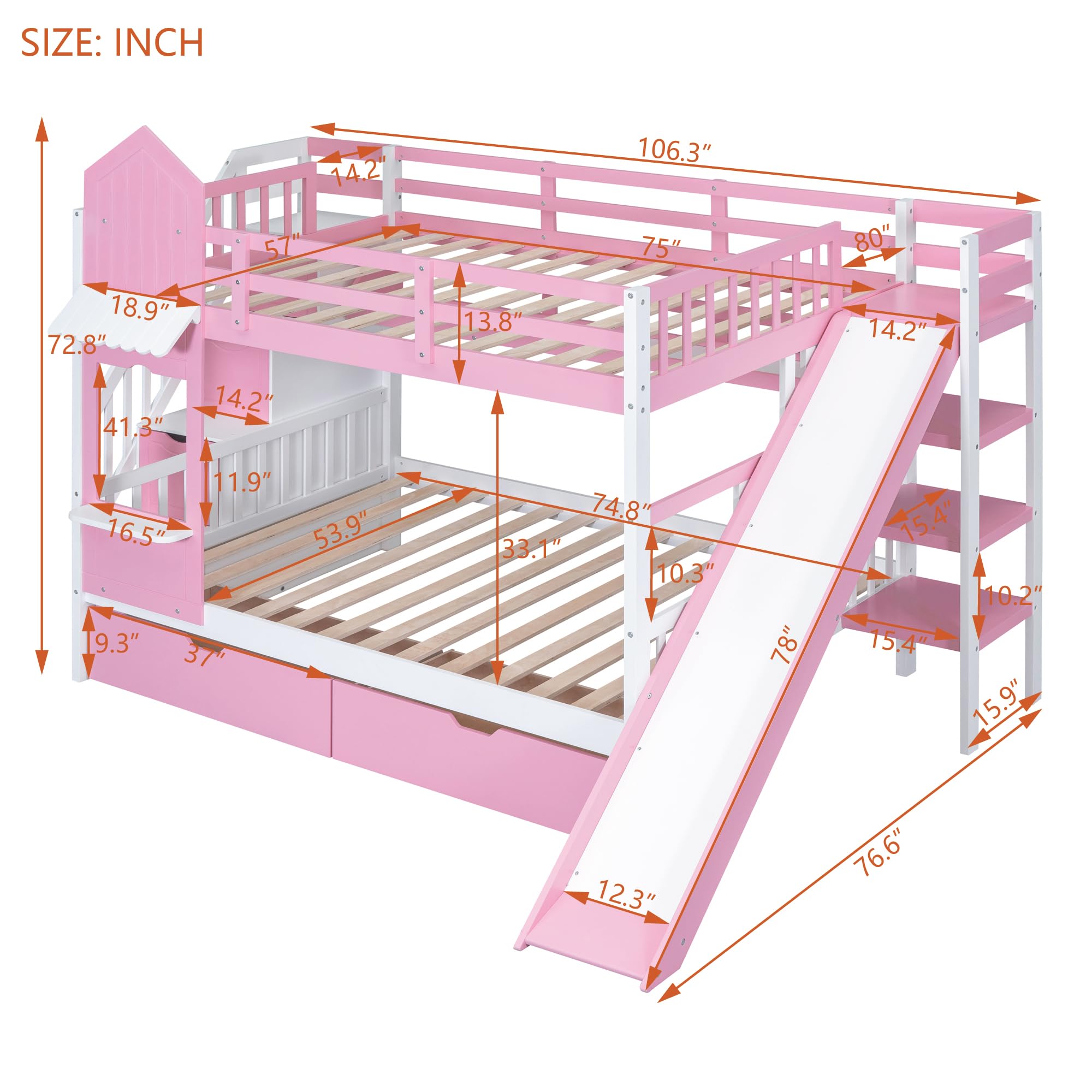 Harper & Bright Designs Full Over Full Bunk Bed with Stairs and Slide, Solid Wood Bunk Bed Frame with Storage Drawers and Bookshelf, for Kids Teens Girls Boys (Pink)