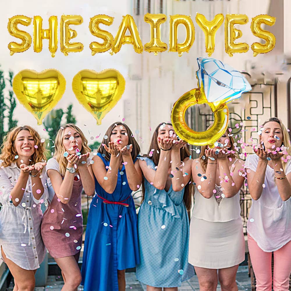 KUNGOON She Said Yes Banner Balloons,Funny Balloon for Wedding Engagement Bridal Shower Bachelorette Hen Party Decoration,Diamond Ring Foil Sign Photo Props.(Gold)