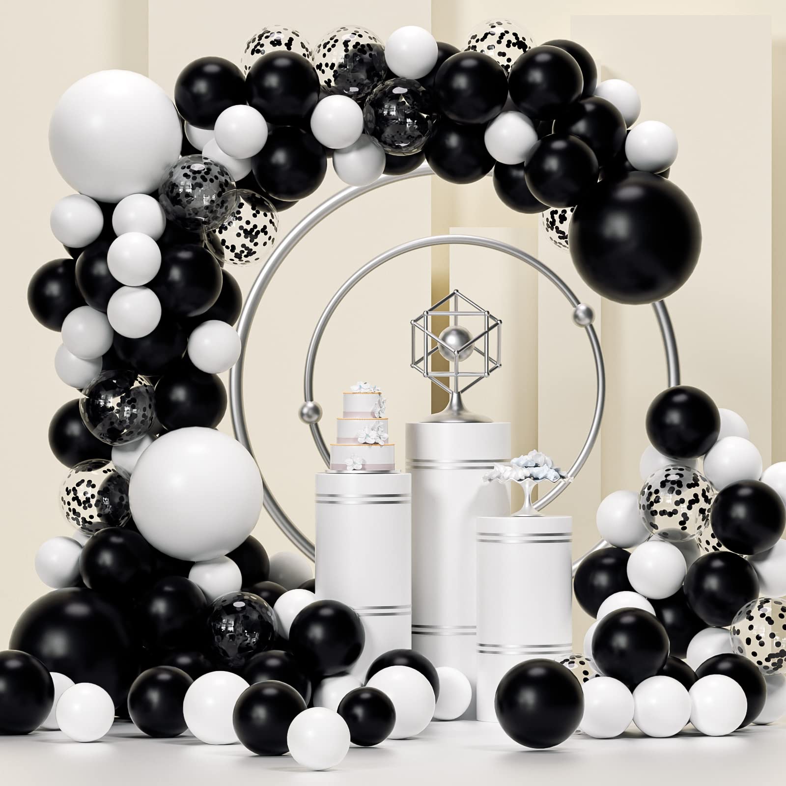 Black and White Balloon Garland Kit, 124Pcs Arch Kit with Confetti White and Black Balloons, Bright Durable Latex Balloons for Birthday, Anniversary, Wedding, Engagement, Graduation, Party Decorations