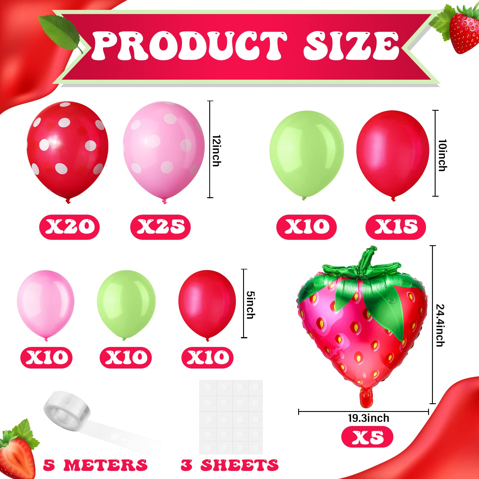 109 Pieces Strawberry Party Balloons Arch Garland 12 10 5 Inch Red Pink Green Latex Balloons Jumbo Strawberry Foil Balloons for Baby Shower Berry First Birthday Strawberry Party Decorations