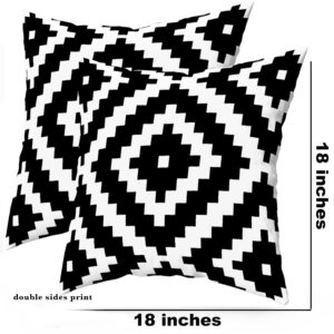 Yaofavo Outdoor Pillow Covers Set of 2, Waterproof Boho Throw Pillow Covers Geometric Pillow Cases for Patio Garden (Black&white-04, 18x18 Inch)