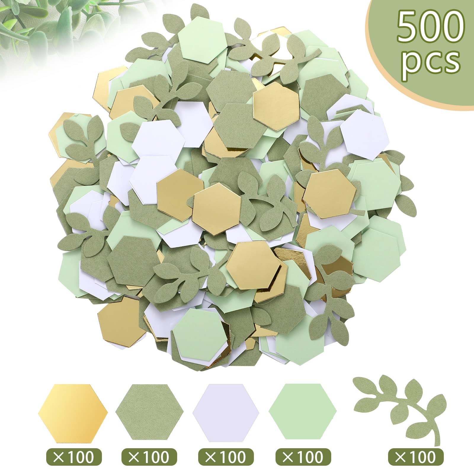 Crtiin 500 Pcs Greenery Gold Eucalyptus Confetti Baby Shower Confetti Hexagon Scatter Boho Scatter Table Decoration for Wedding Bridal Party Classroom Nursery (Tea Green, Sage Green, White, Gold)