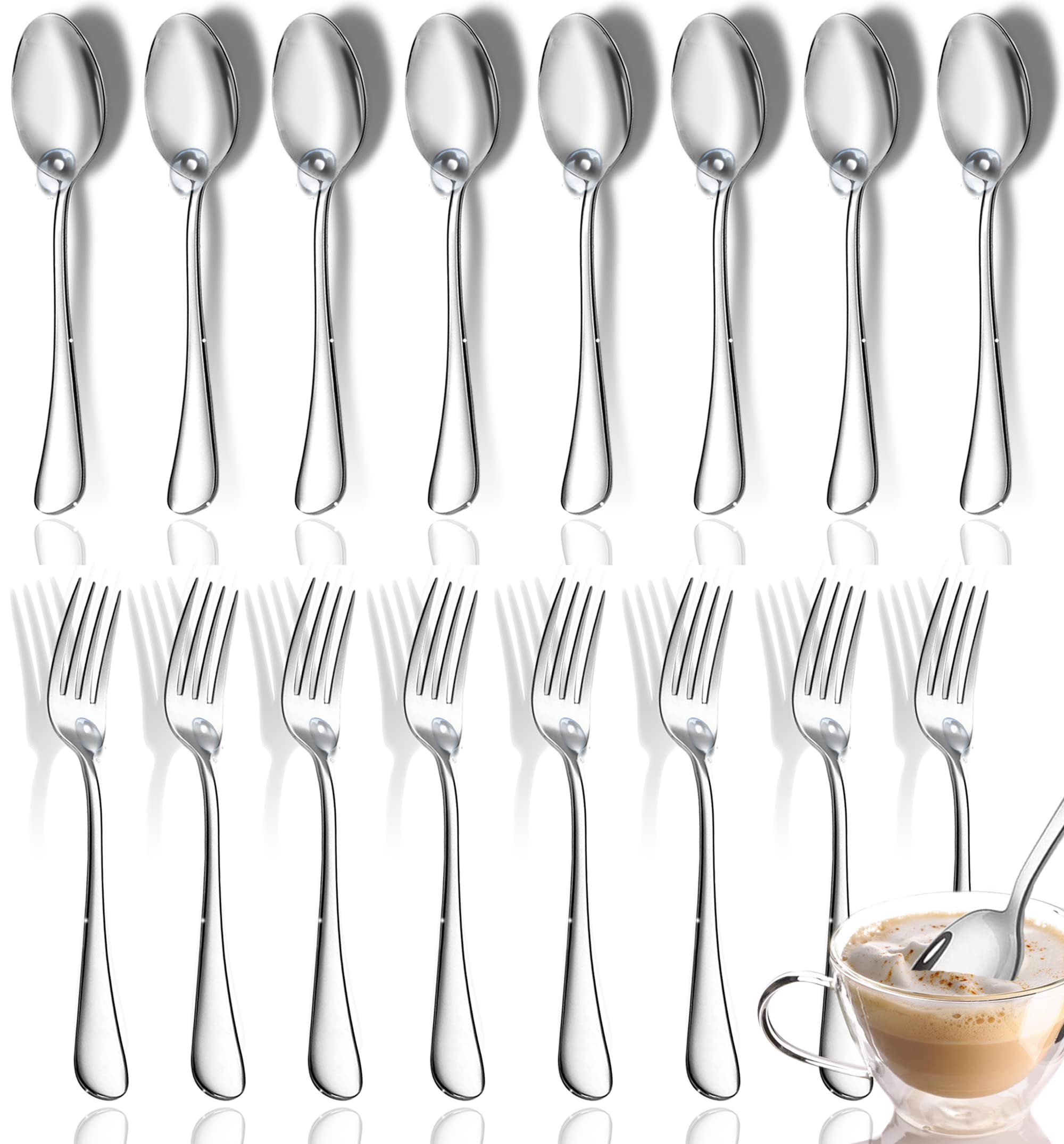 Small Spoons and Forks Set, Set of 16 Top Food Grade Stainless Steel Forks and Spoons Silverware Set, kitchen utensil Dessert Salad Forks (6.7 Inch) and Coffee Dessert Spoons (5.35 Inch) Cutlery Set