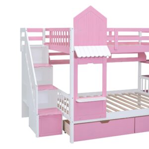 Kids Bunk Bed with Stairs and Slide, Wood Full Over Full Bunk Bed with Storage Drawers and Shelves, Castle Style Bunk Beds for Kids Teens Girls Boys, Pink