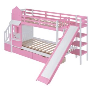 SIYSNKSI Twin-Over-Twin Castle Style Bunk Bed with 2 Drawers and 3 Shelves, Wood Bunk Bed Frame with Slide and Storage Staircase for Kids Teens Boys Girls, Maximize Space Savings (Pink-Twin-3)