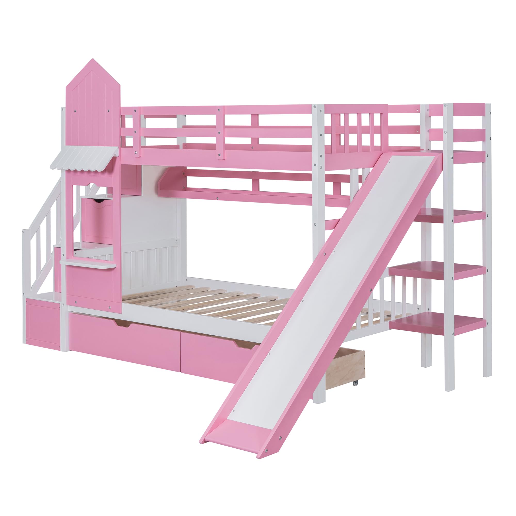 Bellemave Twin Over Twin Castle Bunk Bed with Slide & Storage Stairs, Wood Playhouse Bunk Beds Frame with Shelves & Drawers, Pink Princess Bunk Bed for Girls Boys Teens, No Box Spring Needed