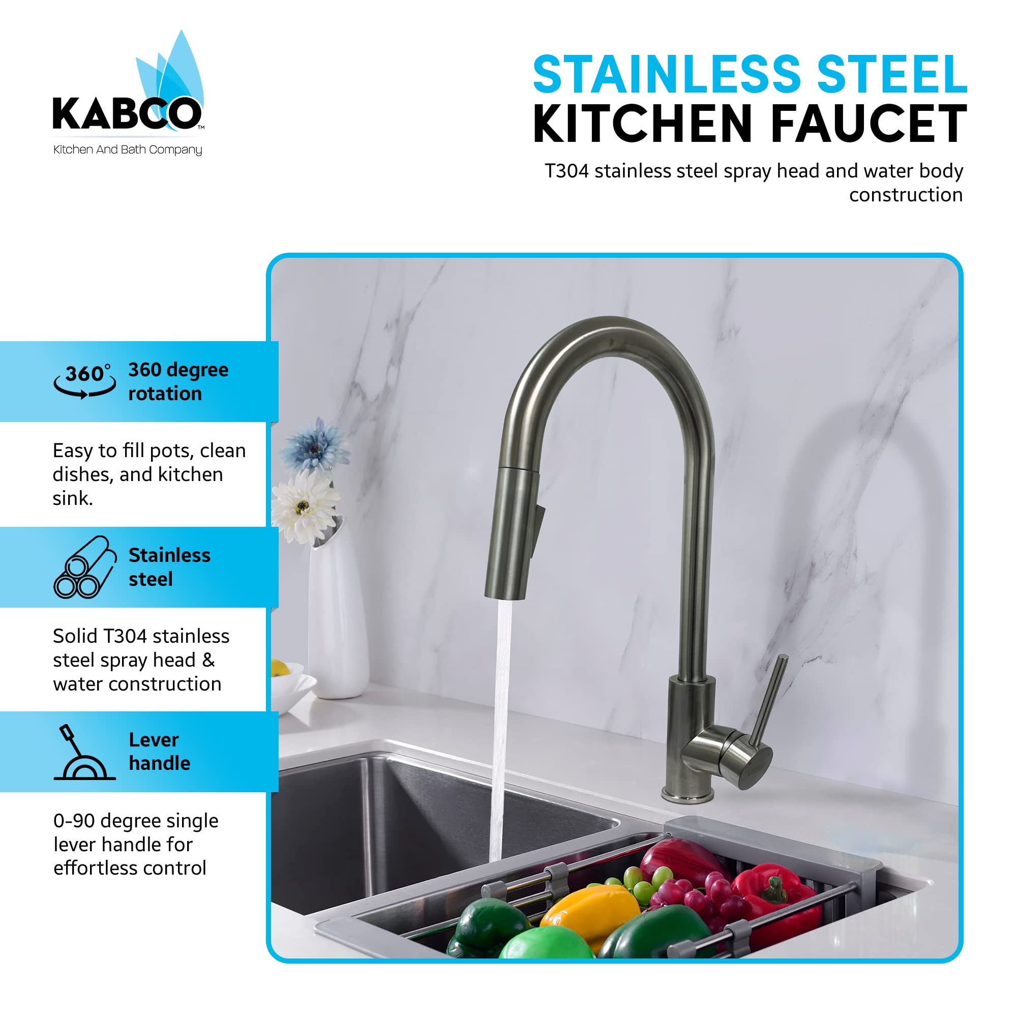 KABCO 17.5 Inch Brushed Nickel Finish Kitchen Faucet with Double Function Pull Out Down Spray Head, Spot, Rust, and Fingerprint Resistant Stainless Steel 360 Degree Swivel Spout