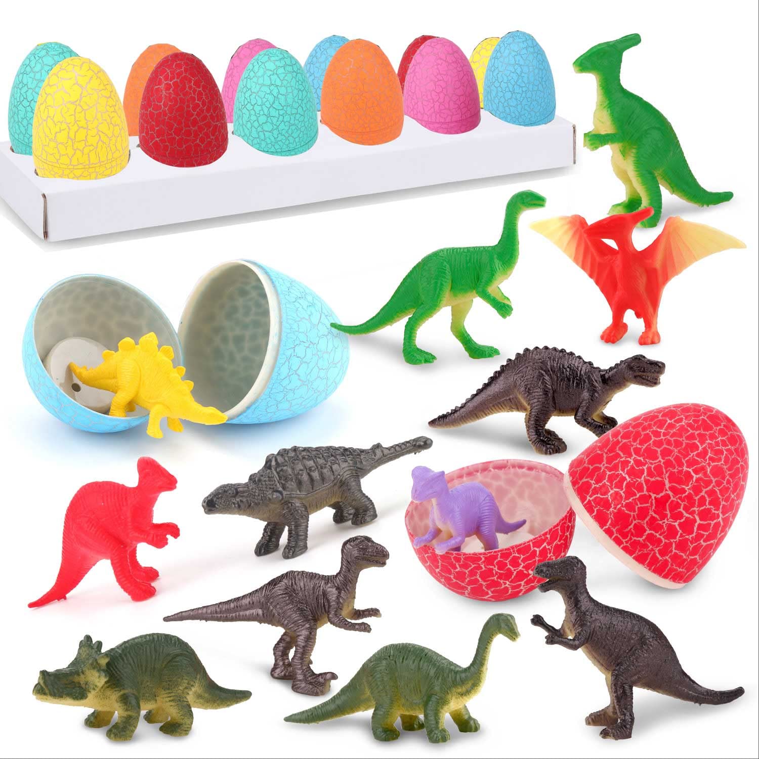 12 Dinosaur Eggs Toys, Surprise Pack with 12 Unique Dinosaur Figures,Goodie Bag Stuffers,Pinata fillers, Easter Eggs dongcoh,Carnival Prizes Treasure Box，Birthday Party Gifts for Kids