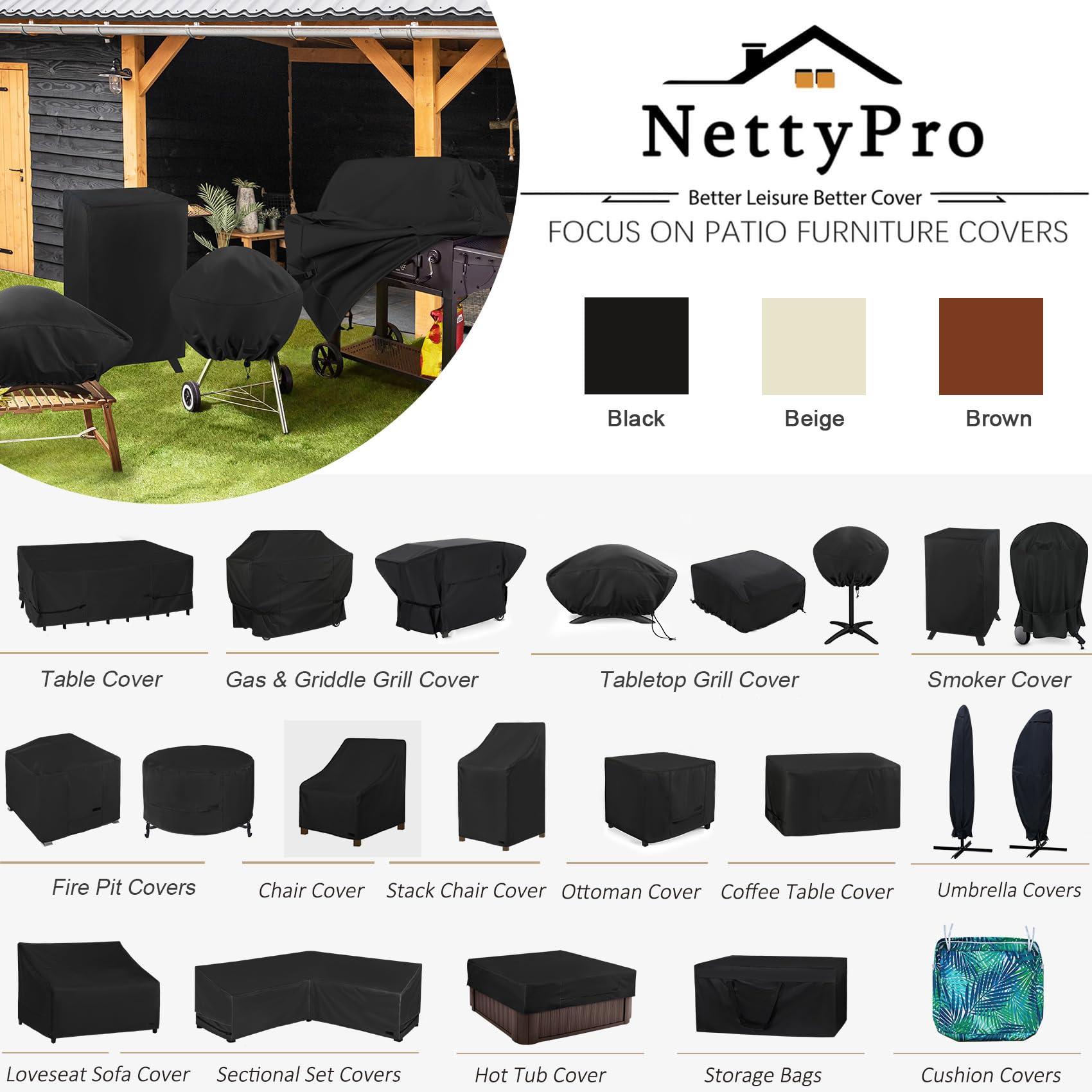 NettyPro Waterproof Patio Ottoman Cover Square Outdoor Furniture Side Table Cover, 24L x 24W x 20H inch, Black