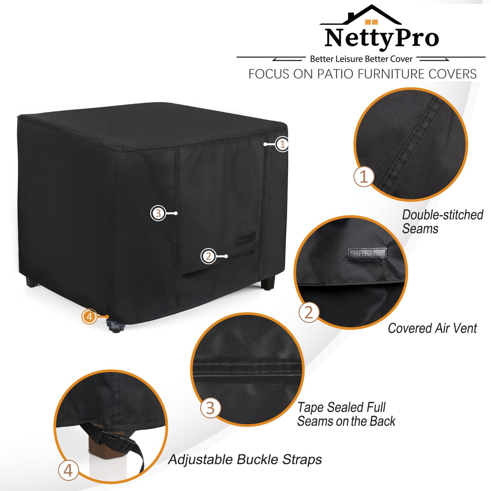 NettyPro Waterproof Patio Ottoman Cover Square Outdoor Furniture Side Table Cover, 24L x 24W x 20H inch, Black