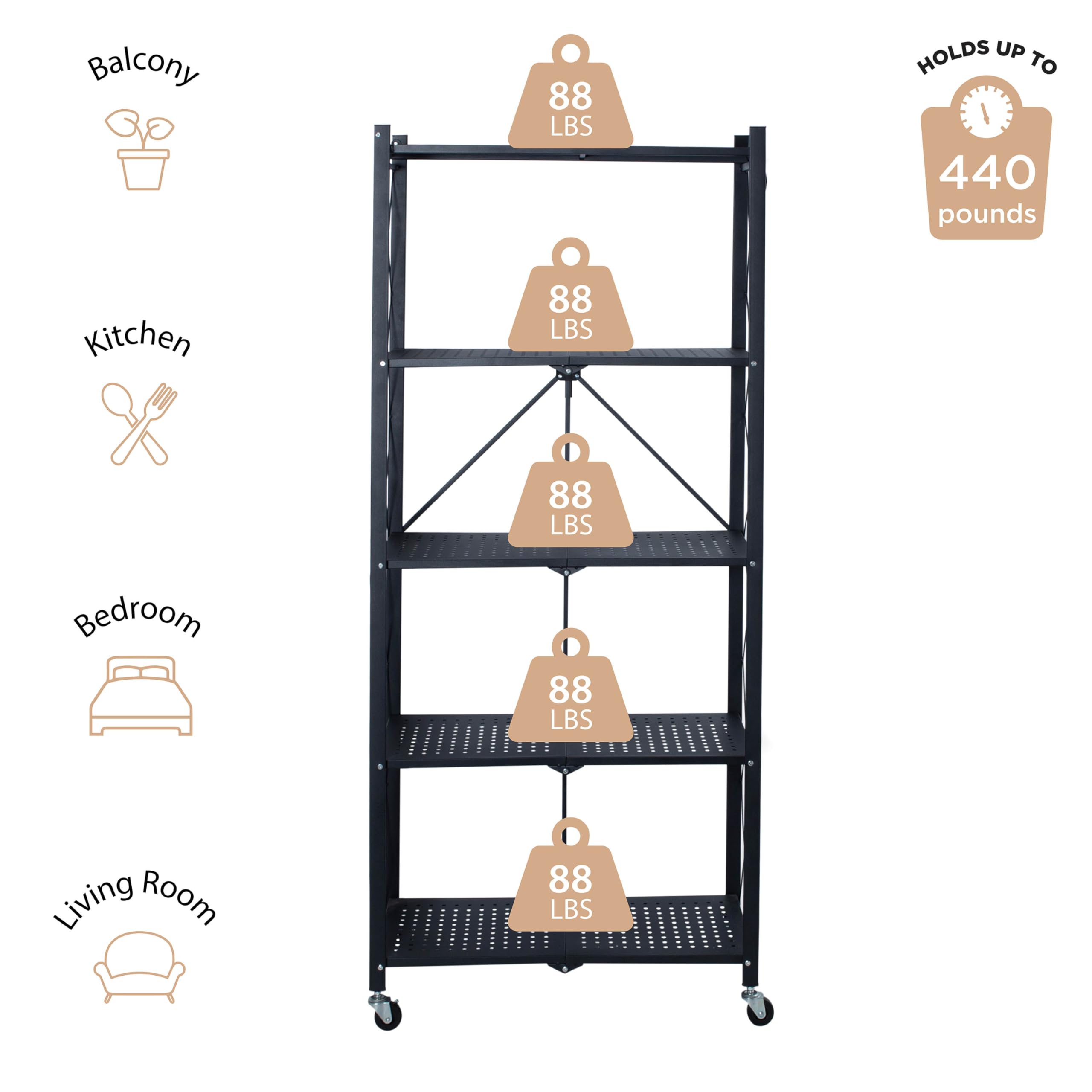 Organize It All Foldable Metal Rack with Wheels | Dimensions: 27.875"x 13.25"x 63.28"| 5 Tier | Holds Maximum 440 Pounds | Home Organization | Black