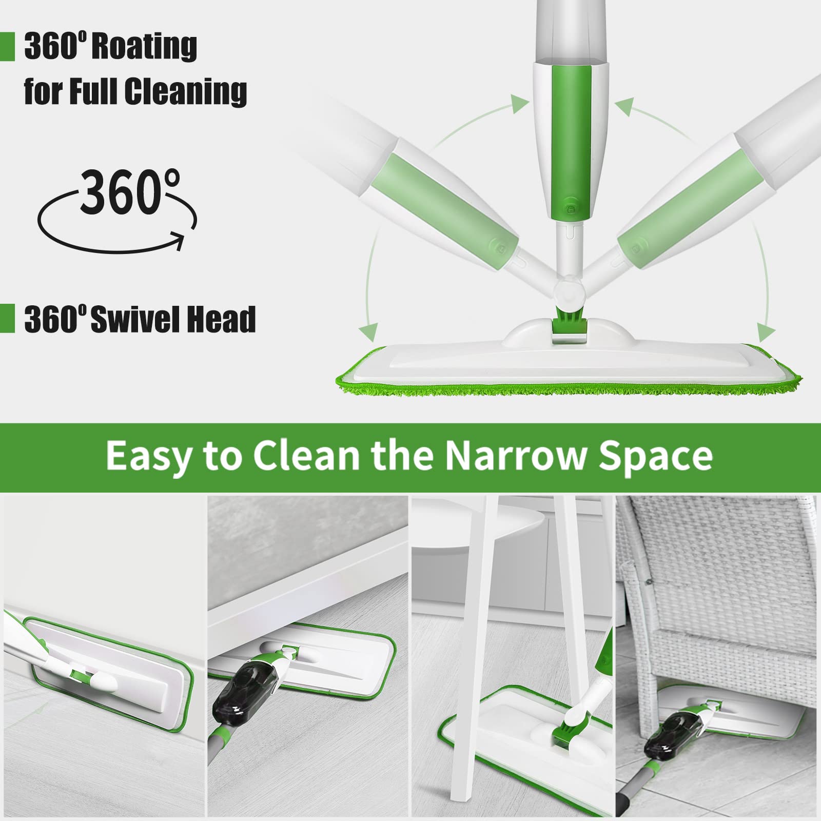 Mops for Floor Cleaning Microfiber Spray Mop with 3 Washable Reusable Pads, a Refillable 14 oz Bottle and Scrubber Wet Dry Flat Sweep Mop with 360 Degree Swivel Head for Home Hardwood Laminate, Green