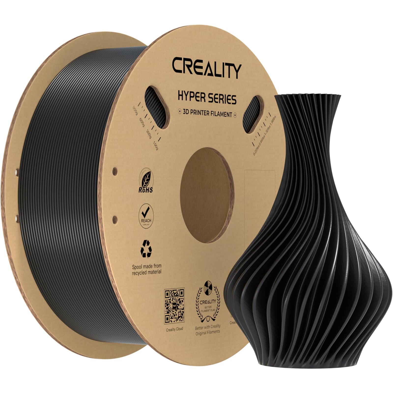 Creality PLA Filament 1.75mm for K1 Max, 3D Printer Filament PLA Designed for High Speed 30-600mm/s, 1kg(2.2lbs)/Spool Hyper PLA Filament, Dimensional Accuracy ± 0.03 mm, Fits for 3D Printers (Black)