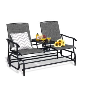 fantask 2 person outdoor glider bench w/tempered glass table, swing patio glider chair with steel frame & breathable seat, double rocking chair for porch, poolside, patio, garden (grey)