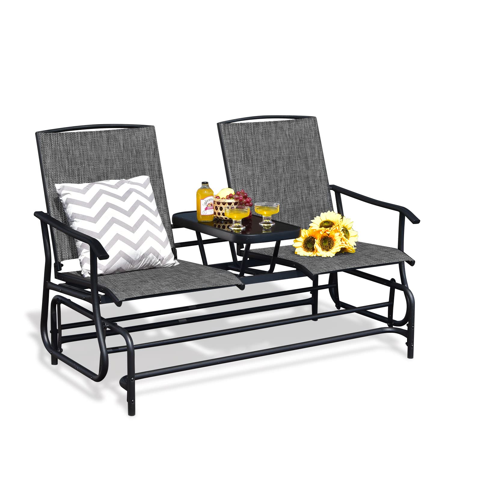 FANTASK 2 Person Outdoor Glider Bench w/Tempered Glass Table, Swing Patio Glider Chair with Steel Frame & Breathable Seat, Double Rocking Chair for Porch, Poolside, Patio, Garden (Grey)