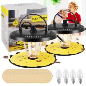 flea trap indoor 2pcs,flea strap flea killer trap pad bed bug trap with 10 glue discs flea 4 light bulb flea trap for inside your home like fleas,flies,mosquitoes,gnats,moths