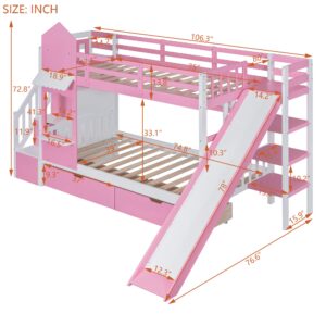 Bellemave Twin Over Twin Castle Bunk Bed with Slide & Storage Stairs, Wood Playhouse Bunk Beds Frame with Shelves & Drawers, Pink Princess Bunk Bed for Girls Boys Teens, No Box Spring Needed