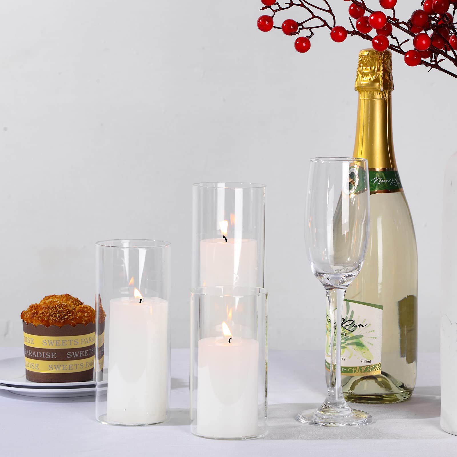 Shihanee 36 Pcs Pillar Candles and Glass Cylinder Vases Cylinder Candle Holders for Slim Pillar Candles Wedding Centerpieces(2.6'' X 4.7'', 5.9'', 7.9'',Clear,White)