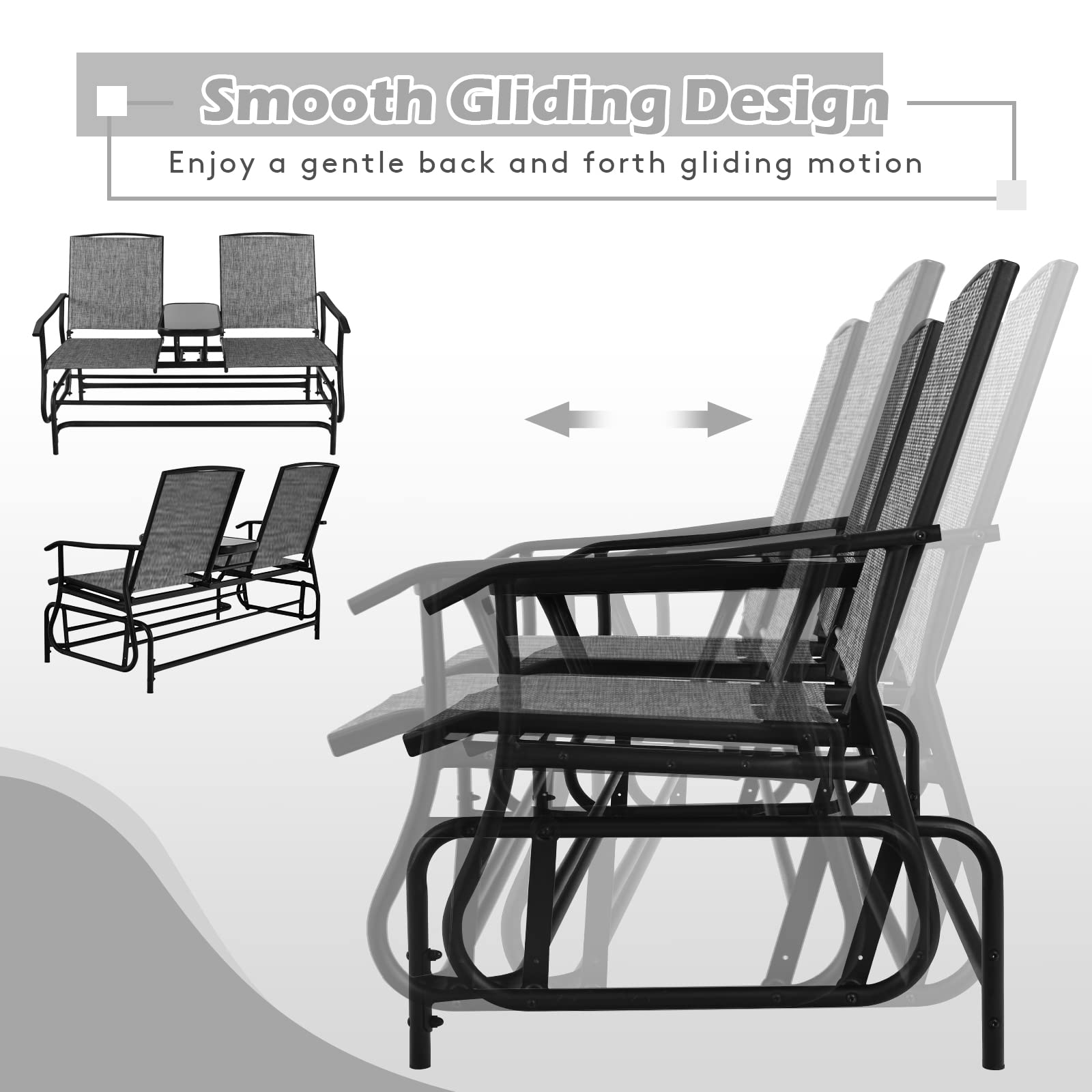 FANTASK 2 Person Outdoor Glider Bench w/Tempered Glass Table, Swing Patio Glider Chair with Steel Frame & Breathable Seat, Double Rocking Chair for Porch, Poolside, Patio, Garden (Grey)