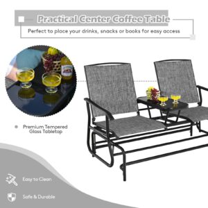 FANTASK 2 Person Outdoor Glider Bench w/Tempered Glass Table, Swing Patio Glider Chair with Steel Frame & Breathable Seat, Double Rocking Chair for Porch, Poolside, Patio, Garden (Grey)