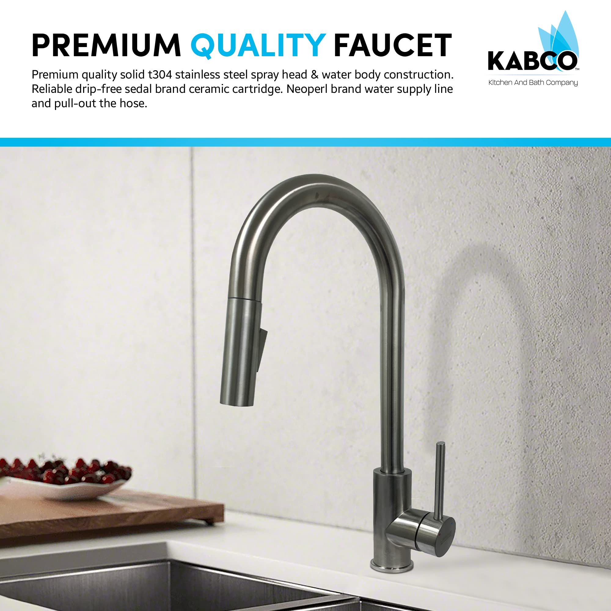 KABCO 17.5 Inch Brushed Nickel Finish Kitchen Faucet with Double Function Pull Out Down Spray Head, Spot, Rust, and Fingerprint Resistant Stainless Steel 360 Degree Swivel Spout