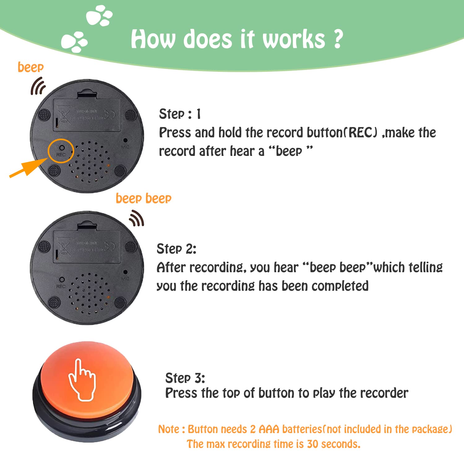 FINEST+ Voice Recording Button for Communication Pet Training Buzzer, 30 Second Record&Playback Dog Toy, Voice Recording Clicker for Cat, Puppy, Pet Trainin, Funny Gift for Study Office Home 4 Pcs