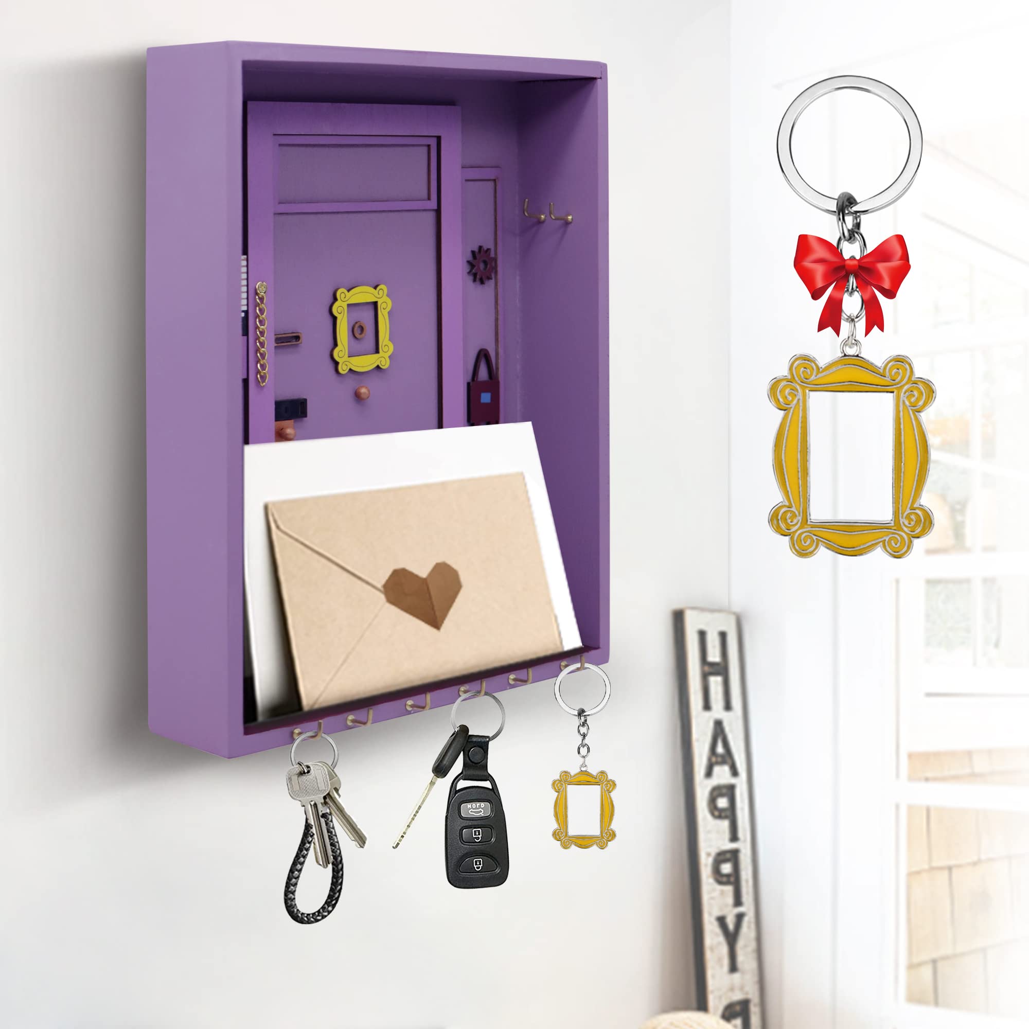 VUEJIC Friends Key Holder & Monica's Door Frame Keychain Cute Home Gift for TV Show Merchandise Lovers, Purple Handmade Home Decorative Wall, Organizer Mail Key Holder for Wall (Silvery Gift)