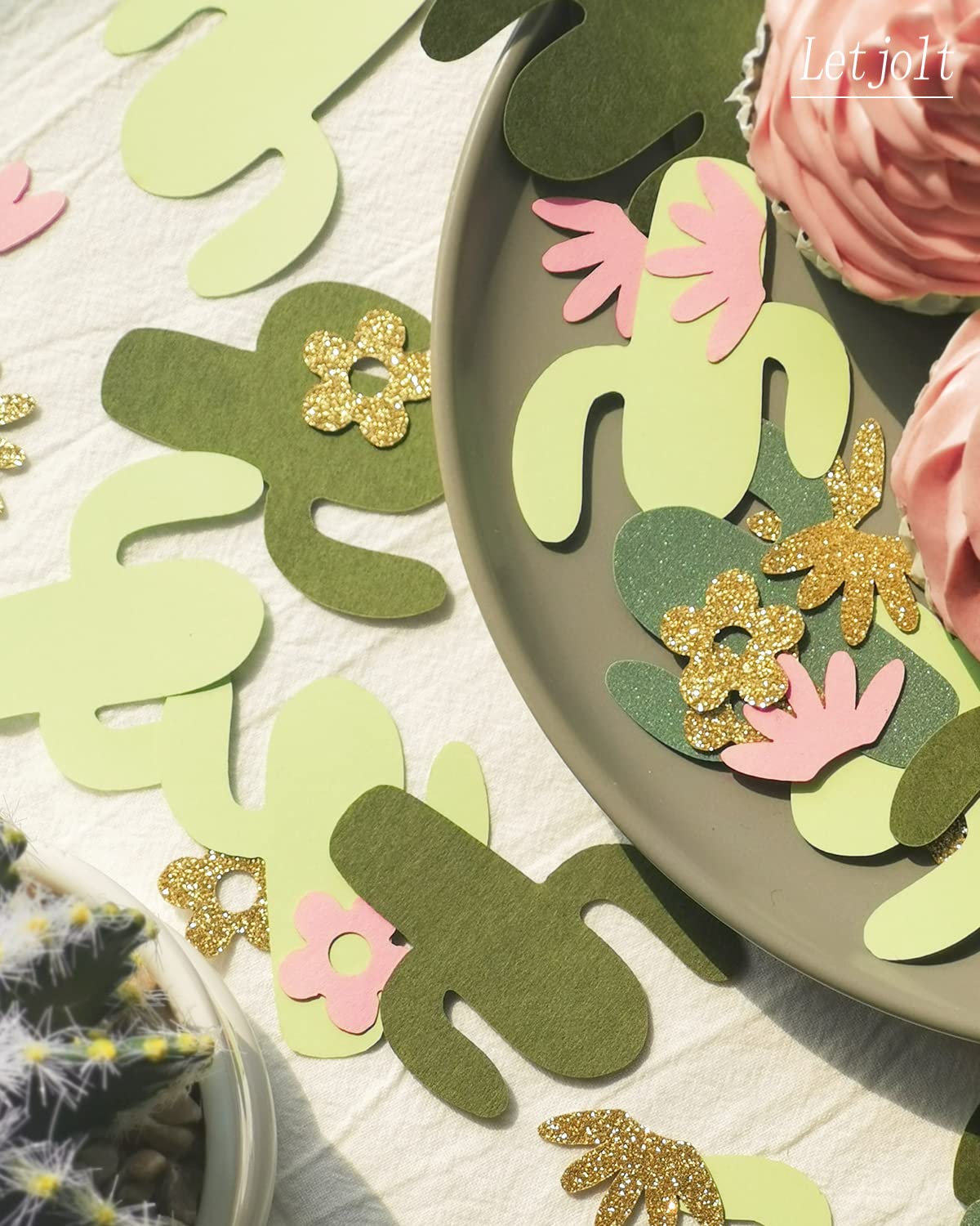 Cactus Paper Confetti Succulent Baby Shower Green Table Decoration Glitter Golden Greenery Scatter Pink Flower Craft Supplies Fiesta Theme Birthday Party Wedding Gift Decor 105 Pcs