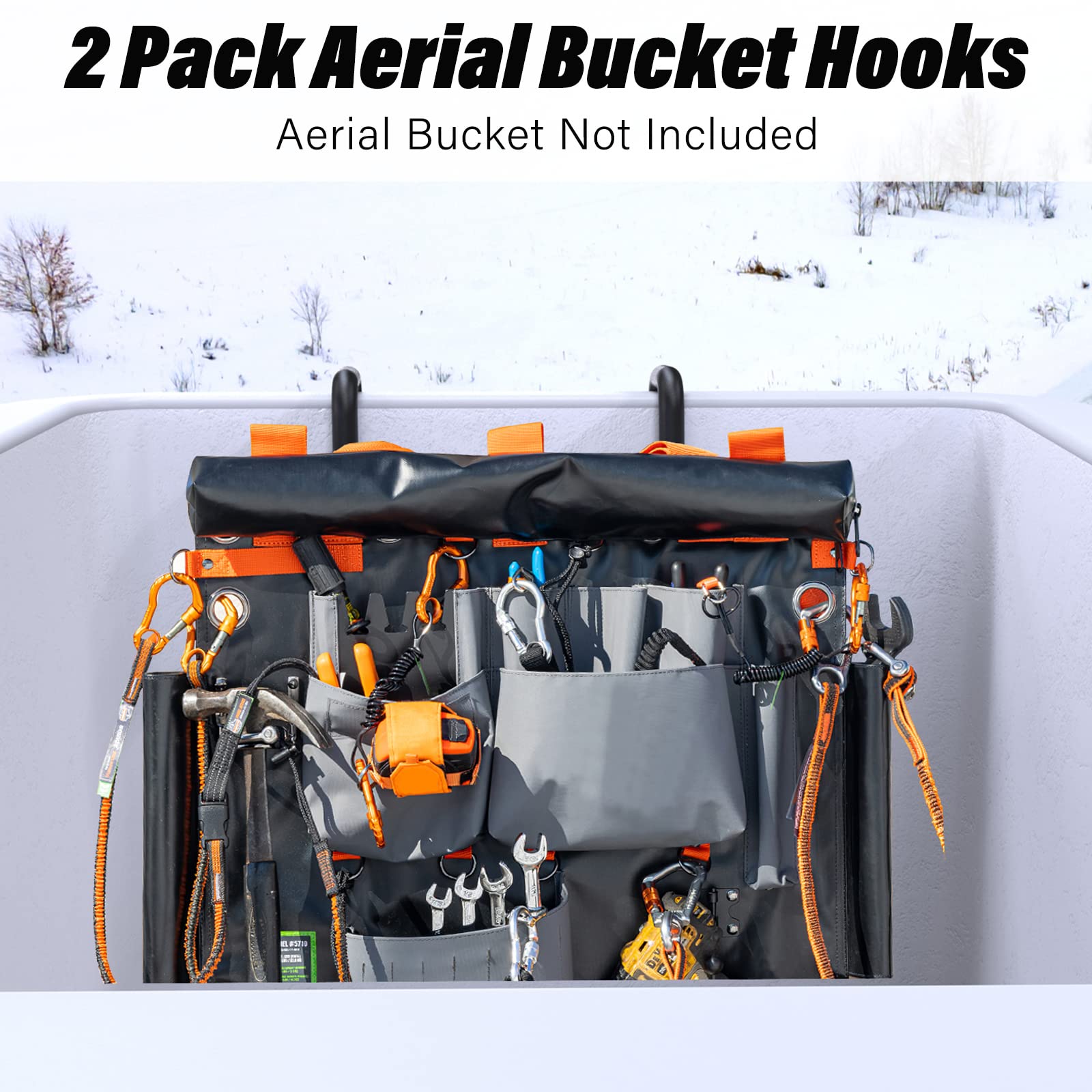 2 Pack Bucket Hooks, Aerial Bucket Hooks, Fits for 2" Aerial-Bucket Lip, Hooks for Aerial Baskets, Lineman Bucket Tool Holder, Attach Tool Bags or Aprons to Buckets, Black