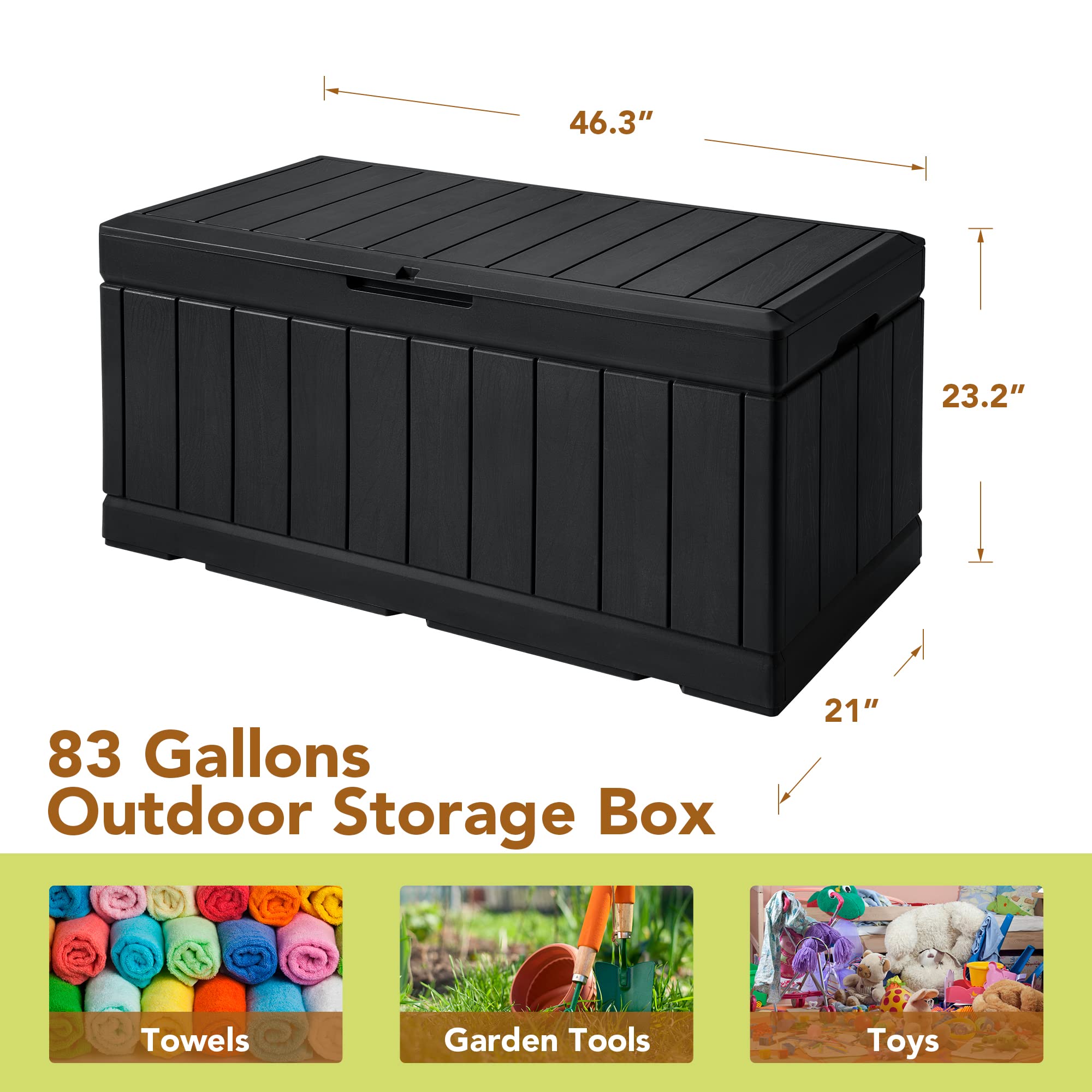 GUNJI 83 Gallon Storage Box Outdoor Waterproof Large Resin Deck Box Patio Storage Bench Lockable Storage Container for Outdoor Cushions, Garden Tools and Pool Supplies (Black)