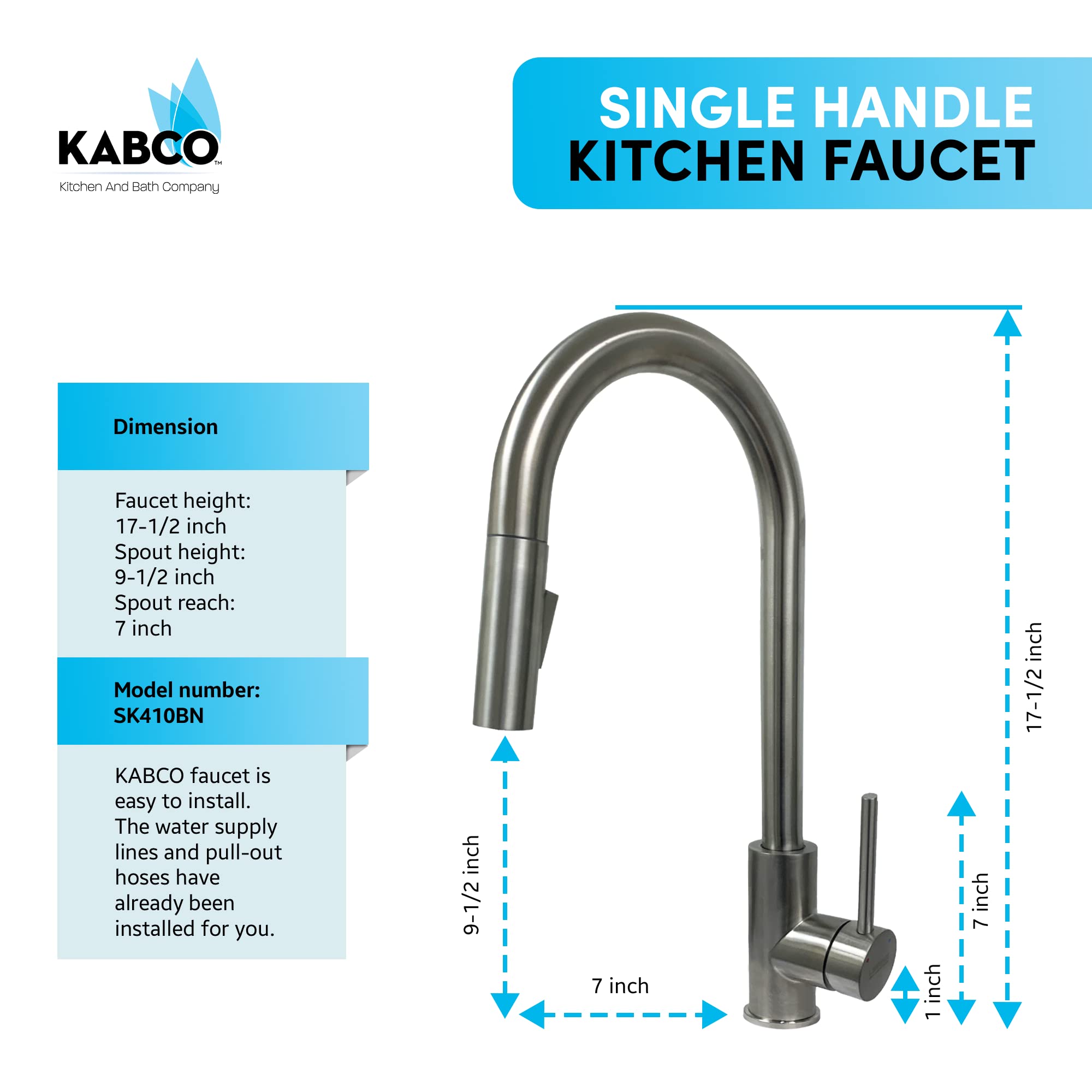 KABCO 17.5 Inch Brushed Nickel Finish Kitchen Faucet with Double Function Pull Out Down Spray Head, Spot, Rust, and Fingerprint Resistant Stainless Steel 360 Degree Swivel Spout