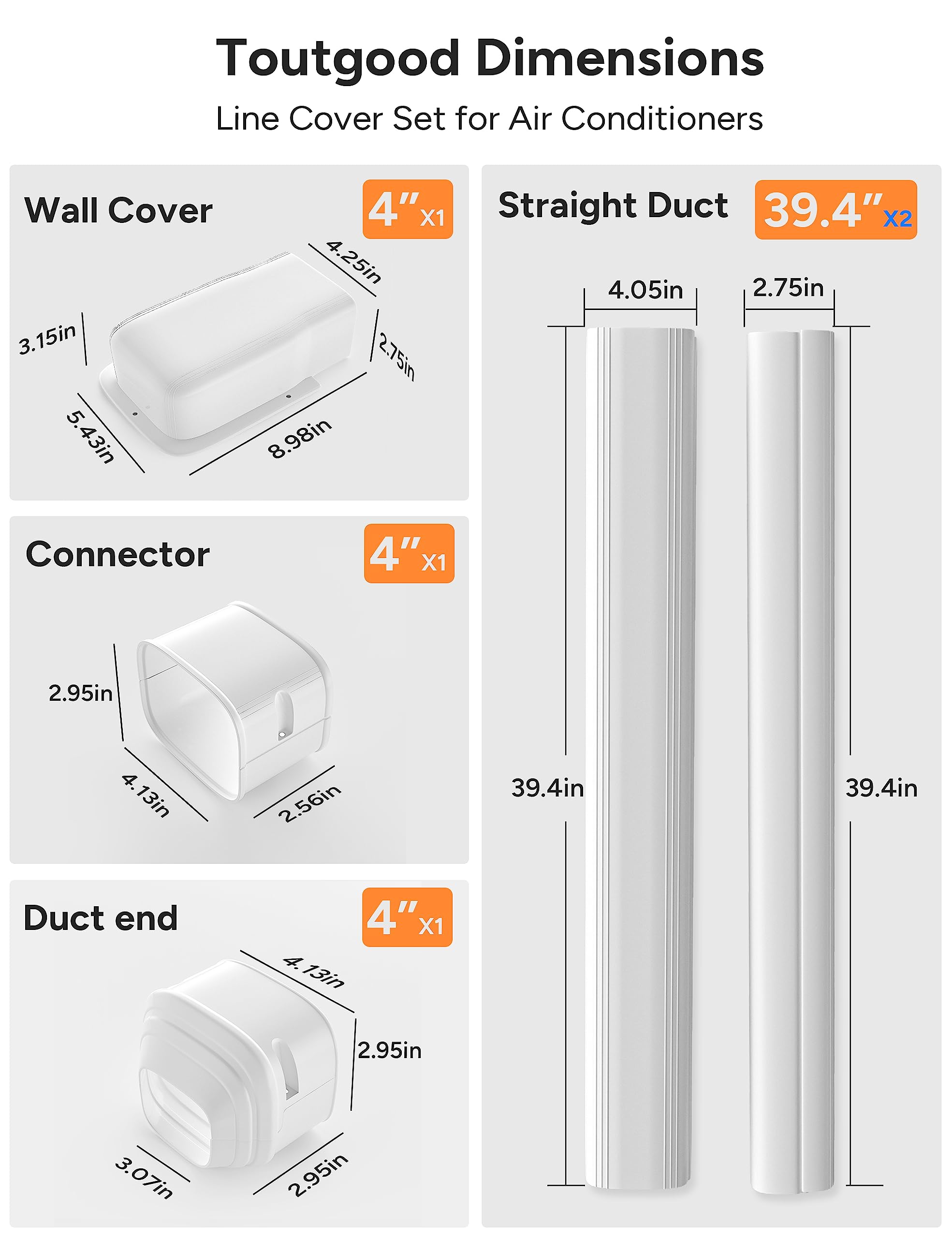 Toutgood 4'' 7.5Ft Mini Split Line Set Cover kit for Ductless Mini Split Air Conditioner and Heat Pumps PVC Decorative, Central AC, Upgraded UV-Proof Strong&Durability