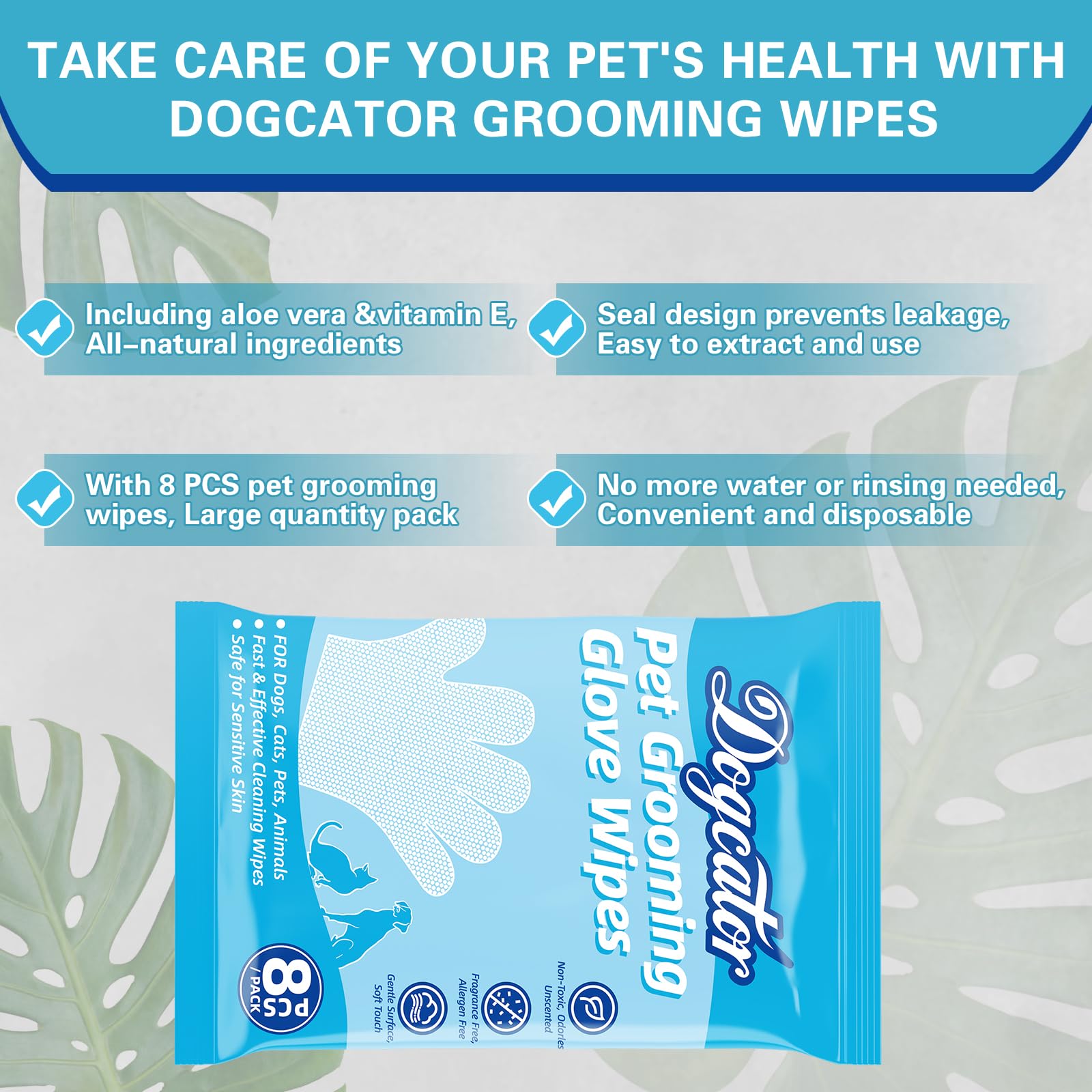 Dogcator Deodorizing Bathing Wipes for Dogs and Cats, Hypoallergenic Dog Glove Wipes for Cleaning | Fragrance Free Natural Puppy Glove Wipes | Soothes Itchy Dry Skin | 32 Count