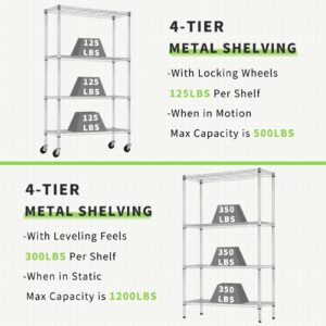 YYkokocat 4 Tier Shelving Unit 62" H Adjustable Metal Shelves w/Wheels Heavy Duty Storage Shelf 1400Lb Capacity Garage Shelving Storage Wire Shelving for Kitchen, 36" L x 14" D x 62" H, Chrome