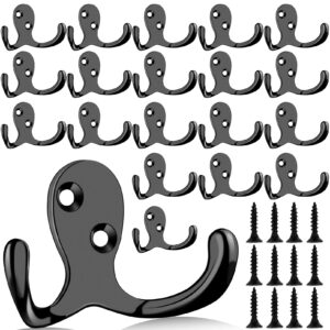 telodyme 20 pcs coat hooks,heavy duty double prong hooks with 40 screws,wall hooks robe hooks for bathroom kitchen entryway,no rust wall mounted utility hooks for towel key bag scarf cup(black)