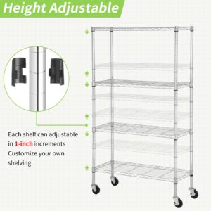 YYkokocat 4 Tier Shelving Unit 62" H Adjustable Metal Shelves w/Wheels Heavy Duty Storage Shelf 1400Lb Capacity Garage Shelving Storage Wire Shelving for Kitchen, 36" L x 14" D x 62" H, Chrome