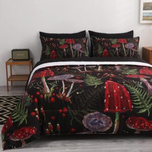 Gusuhome 7 Piece Mushroom Comforter Set King Size Mushroom Bedding Set Bed in A Bag 3D Plants Black Boho Quilt Set for Kid Boys Girls Teens Woman Adults All Season