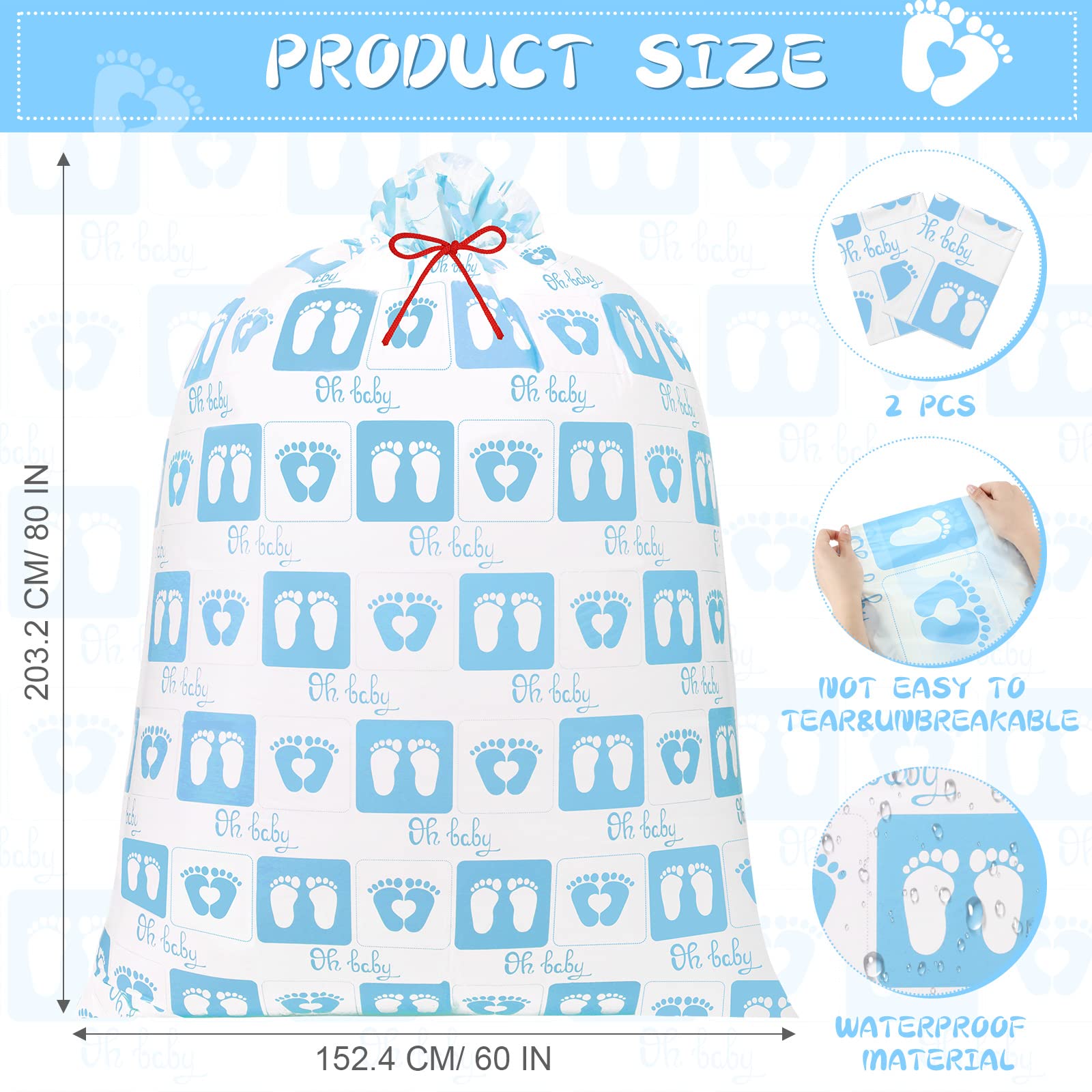 Yingzhao 2 Pcs 80 x 60 in Jumbo Bike Gift Bags Extra Large Baby Footprint Gift Bags Large Plastic Present Bags Birthday Gift Sack for Girl Boy Heavy Large Birthday Party Gifts Bags Baby Shower(Blue)