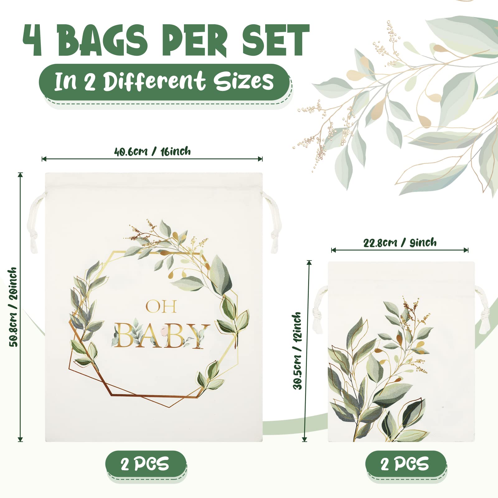 Tudomro 4 Pieces Large Gift Bag with Drawstring Baby Shower Canvas Gift Bags Greenery Print Birthday Gift Bags Reusable Gift Wrap Bags for Baby Shower Party Favors, 2 Sizes