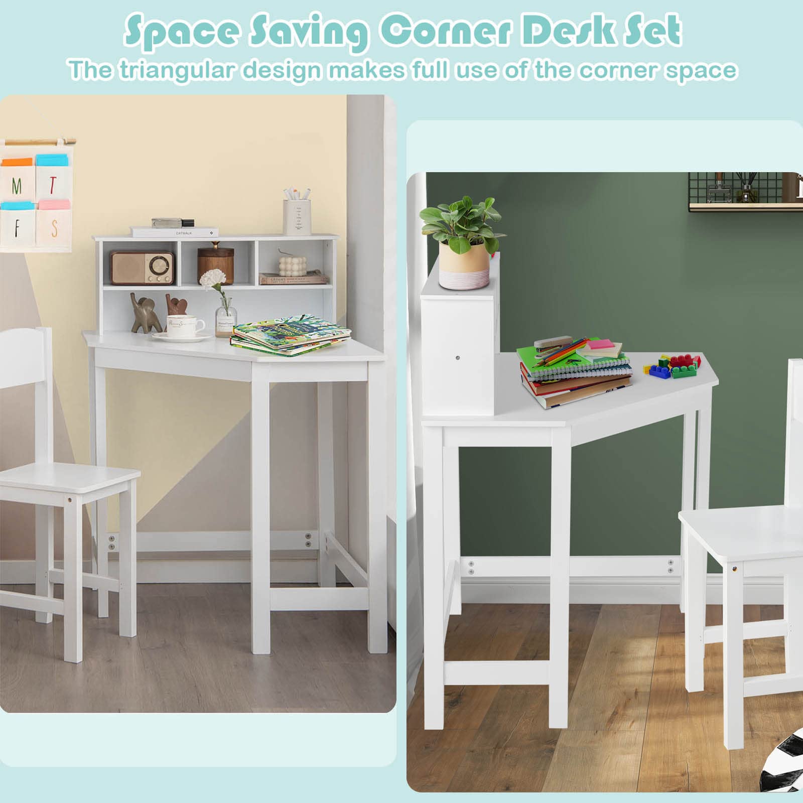 Costzon Kids Desk and Chair Set, White Corner Desk with Hutch for Small Space, Bedroom, Children School Study Table, Student Computer Workstation, Space Saving Writing Desk for Kids