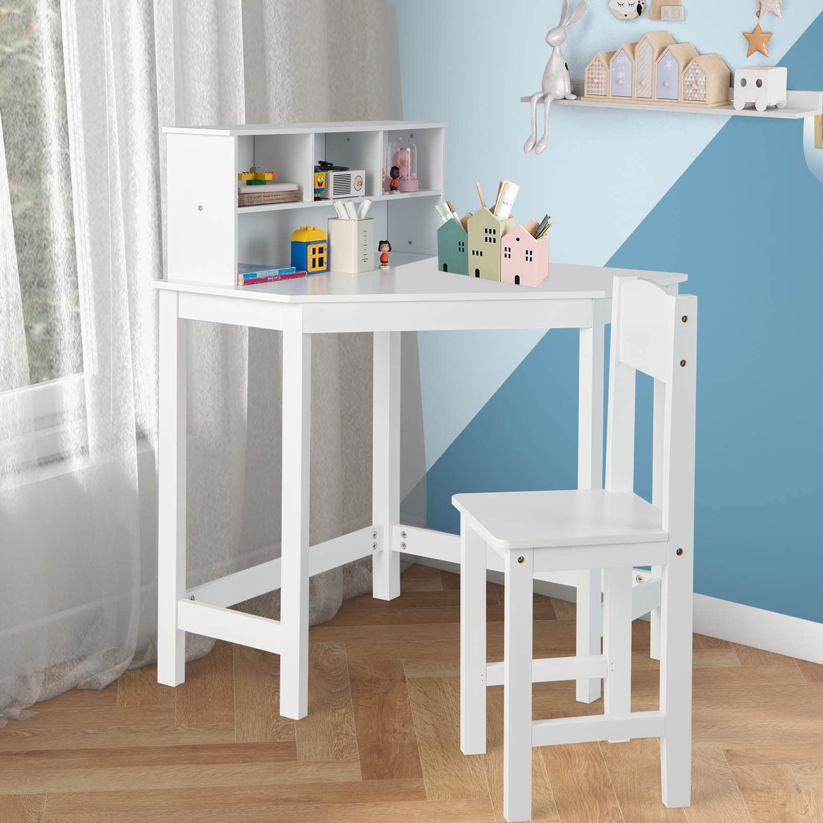 Costzon Kids Desk and Chair Set, White Corner Desk with Hutch for Small Space, Bedroom, Children School Study Table, Student Computer Workstation, Space Saving Writing Desk for Kids