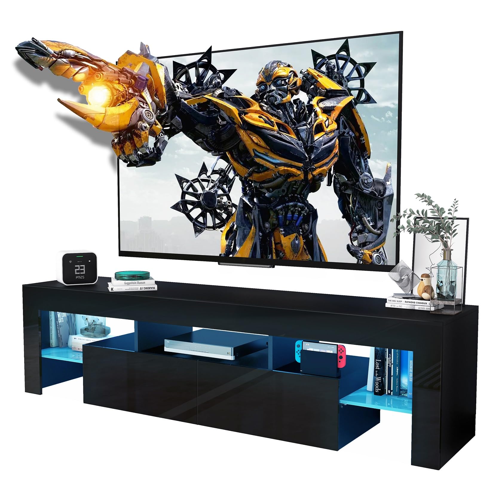 CFTEL Black TV Stand, 60 65 70 75 inch Wood TV Stand, High Glossy Entertainment Center with Large Drawers＆Glass Display Shelf, LED Modern Media Gaming Cabinet TV Console for Livingroom, Bedroom