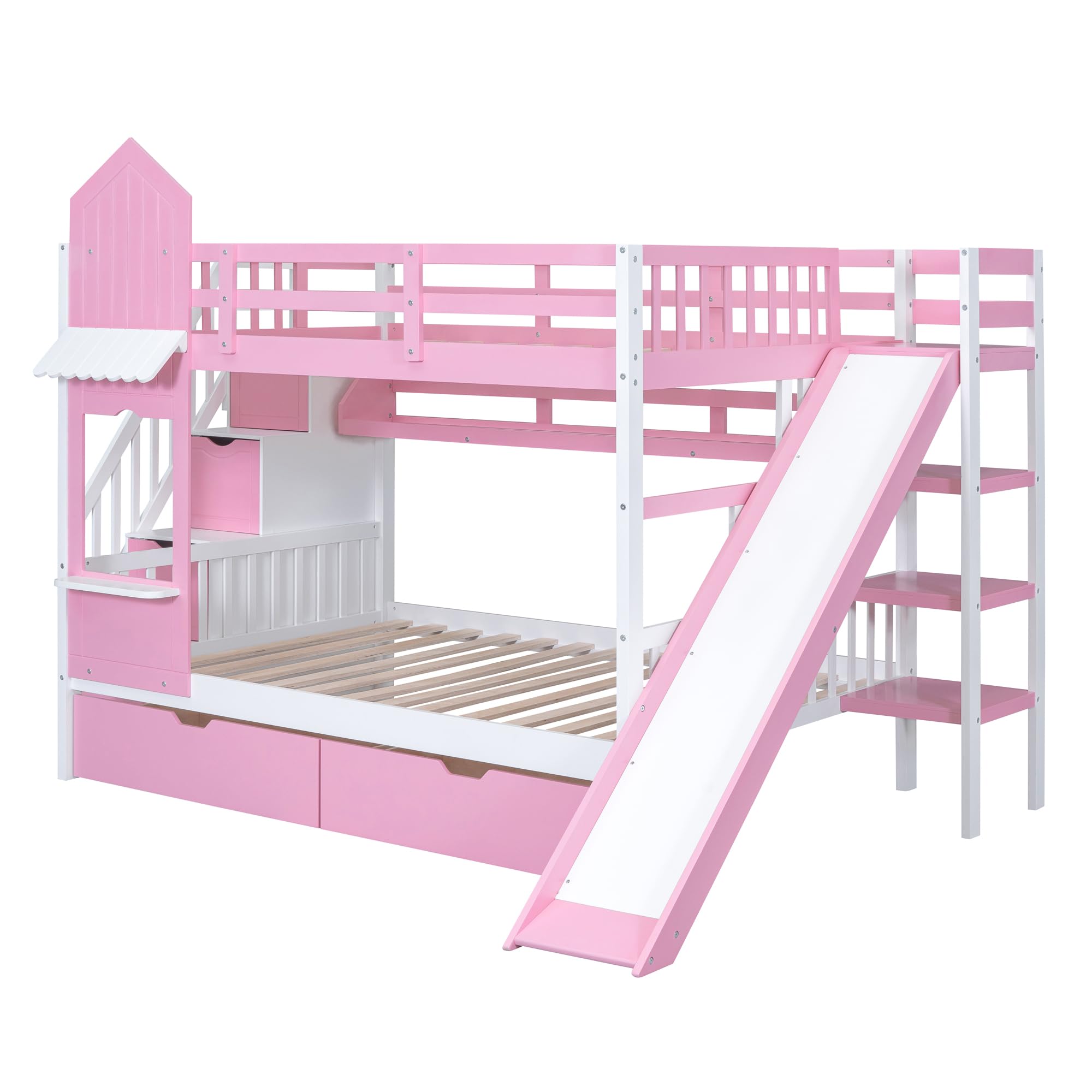 Harper & Bright Designs Full Over Full Bunk Bed with Stairs and Slide, Solid Wood Bunk Bed Frame with Storage Drawers and Bookshelf, for Kids Teens Girls Boys (Pink)