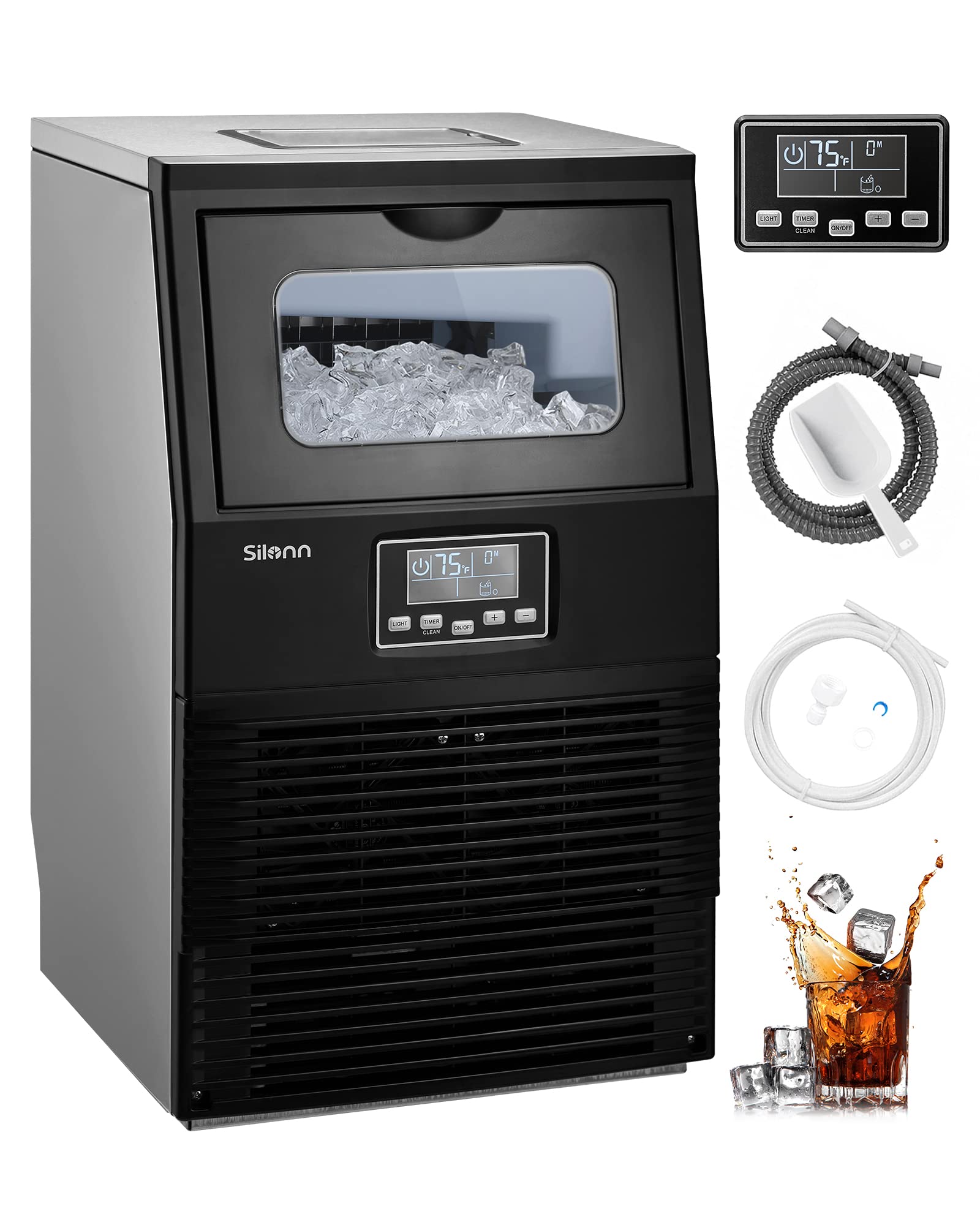 Silonn Commercial Ice Maker Machine, 84LBS/24H, Full Heavy Duty Stainless Steel Construction, Self-Cleaning, Clear Cube for Home Bar, Include Scoop, Connection Hose