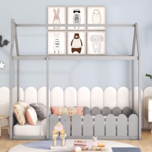 harper & bright designs twin house bed frame for kids, montessori floor bed twin with fence-shaped rails, wood twin floor bed frames for girls, boys(twin,grey)