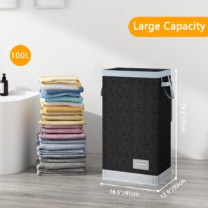 Wisdom Star Large Laundry Basket with Lid, 100L Waterproof Laundry Hamper with Removable Laundry Bag, Collapsible Laundry Baskets with Extended Handles for Bedroom, Bathroom, Dorm, Laundry Room, Black